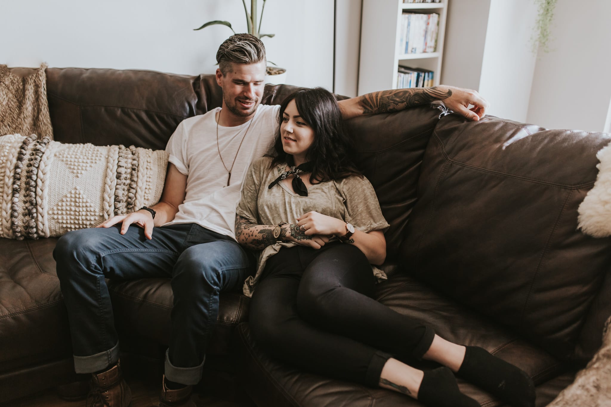 what to wear for engagement photos featuring a cozy in home session in casualwear