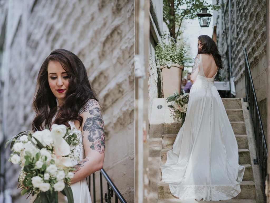 tattooed bridal portraits vintage silk gown on stairs Portland Opal 28 Wedding Photographer Marcela Pulido