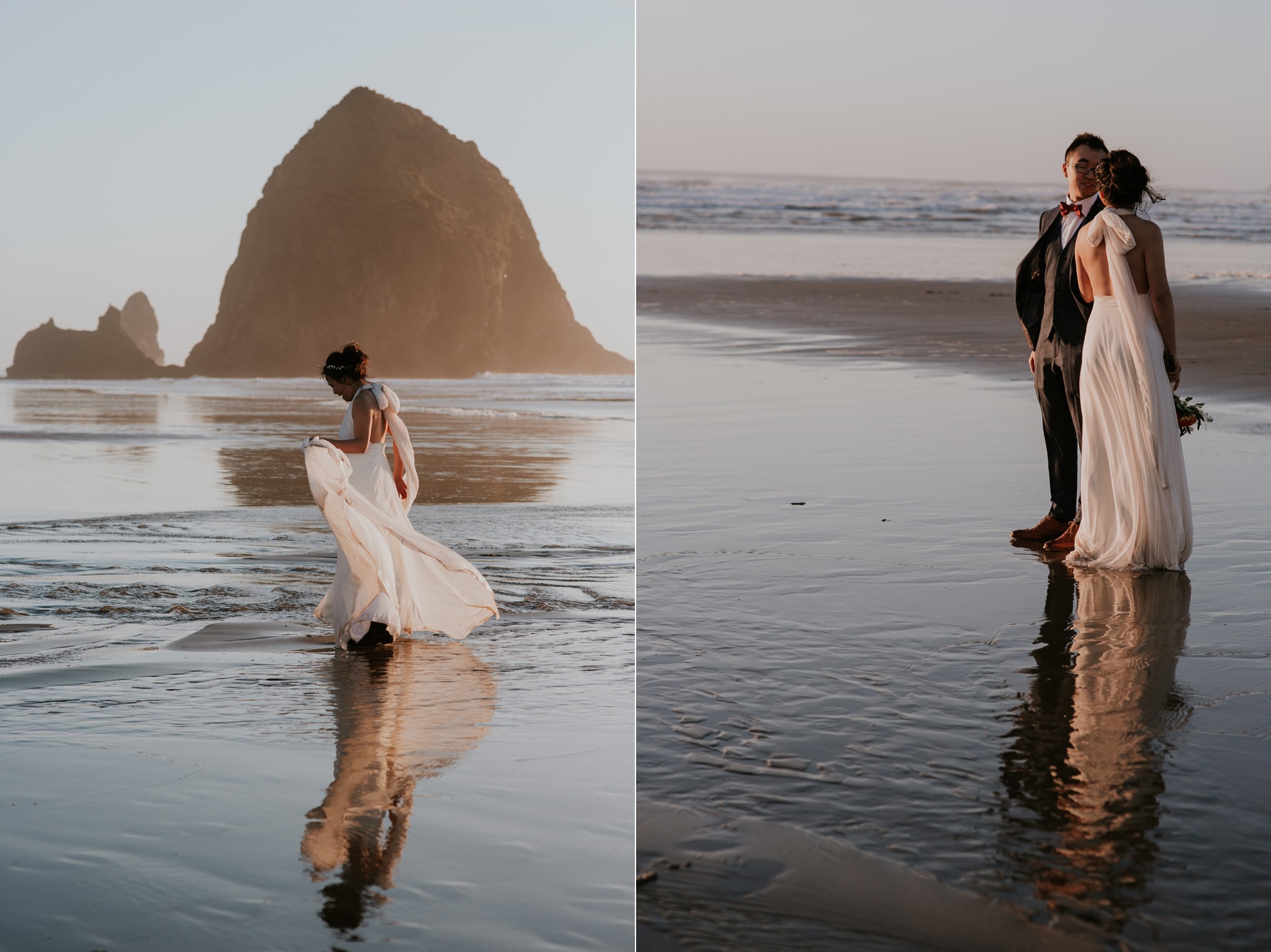 sunset haystack rock cannon beach beautiful bride and groom Portland Wedding Photographer Marcela Pulido