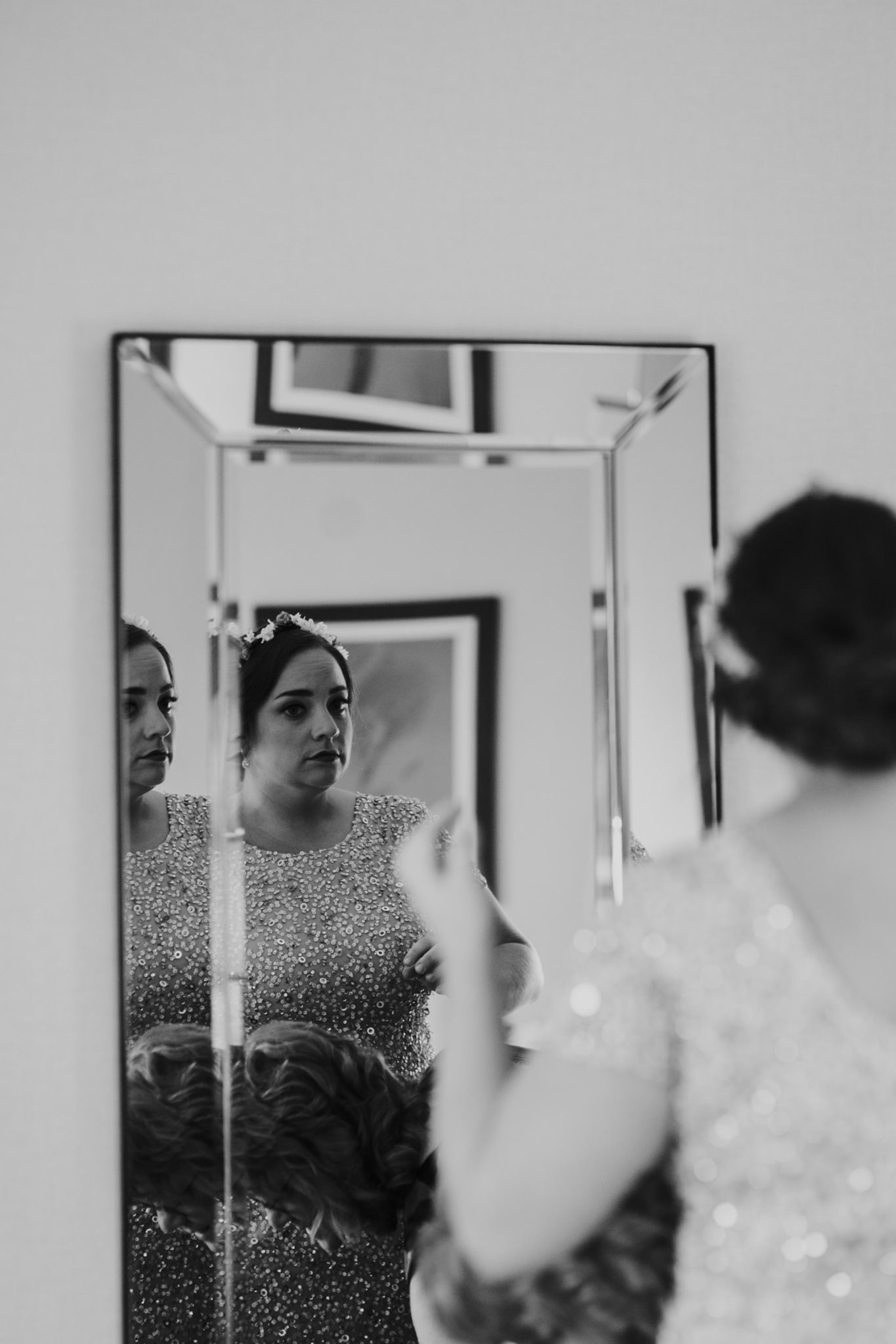 black and white bride reflection in mirror Westin Seattle Kubota Garden Wedding by Marcela Pulido Photography Portland Wedding Photographer
