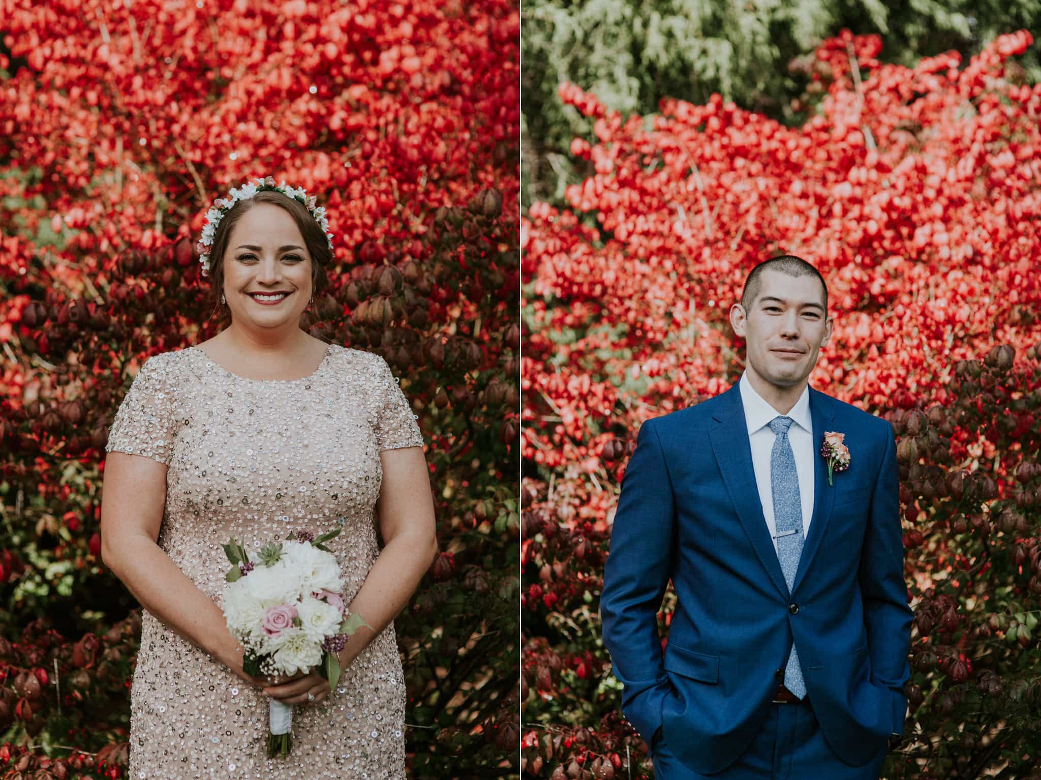 bride and groom portrait in front of red bush Kubota Garden Wedding by Marcela Pulido Photography Portland Wedding Photographer