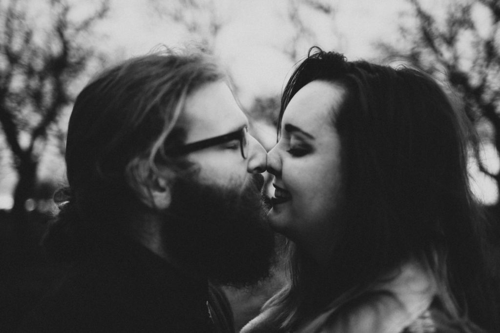intimate black and white close up of couple Powell Butte Portland Engagement Photographer by Marcela Pulido Photography Portland Wedding Photographer
