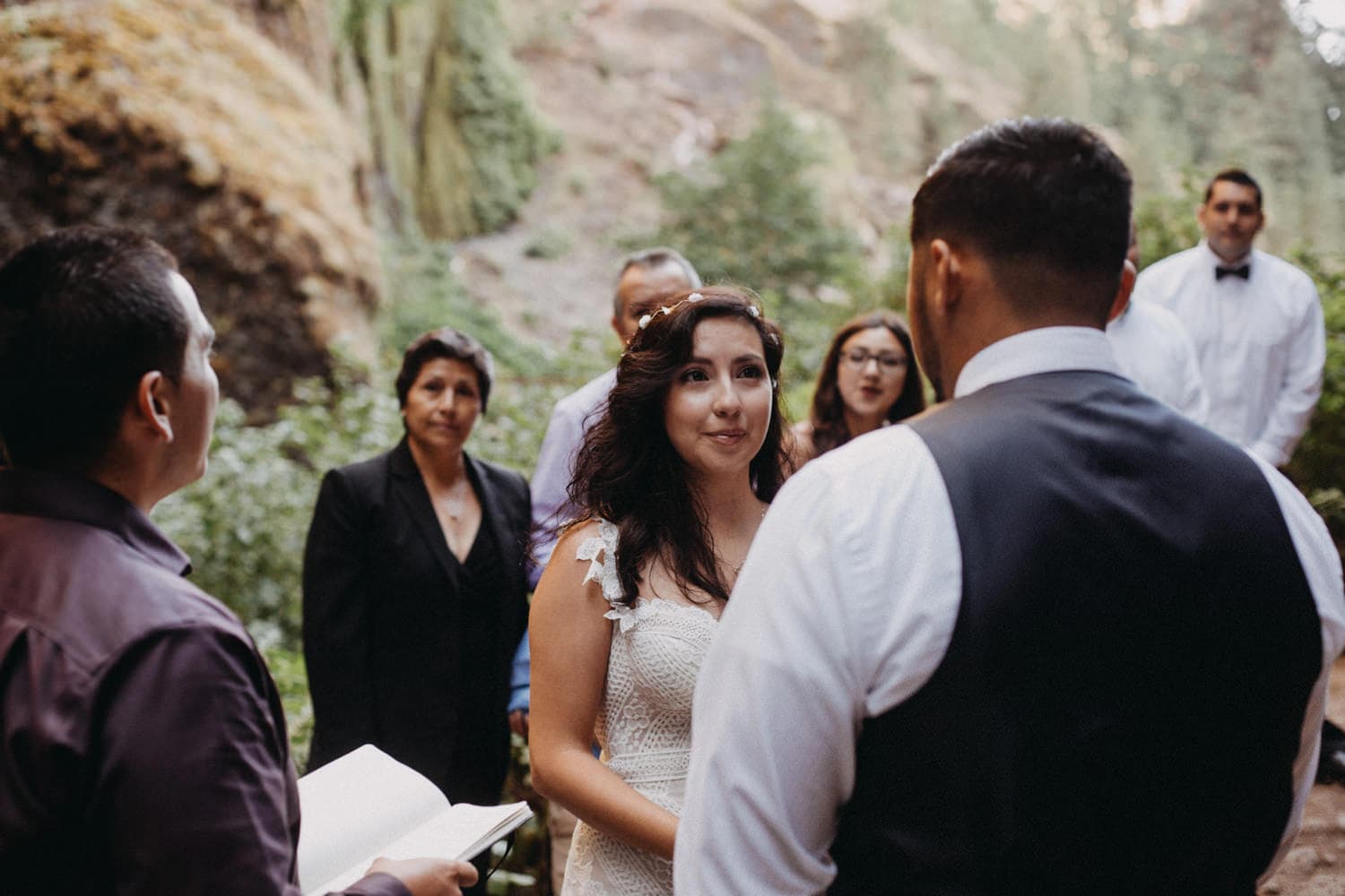 bride staring at groom Oregon Columbia River Gorge elopement