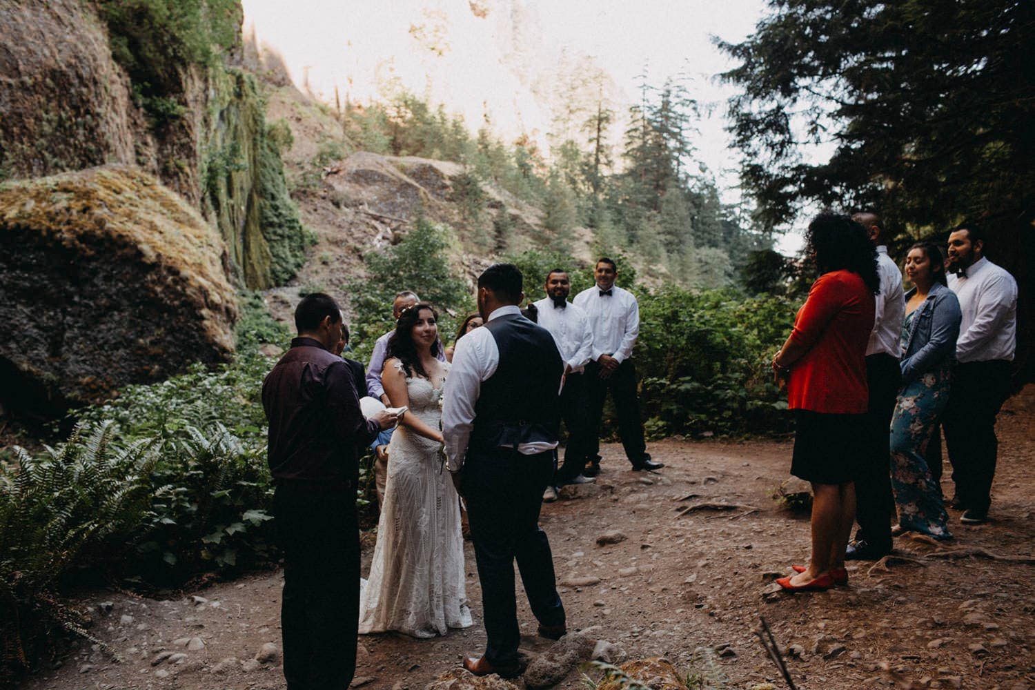 friends and family ceremony at Wahclella Falls Oregon Columbia River Gorge elopement