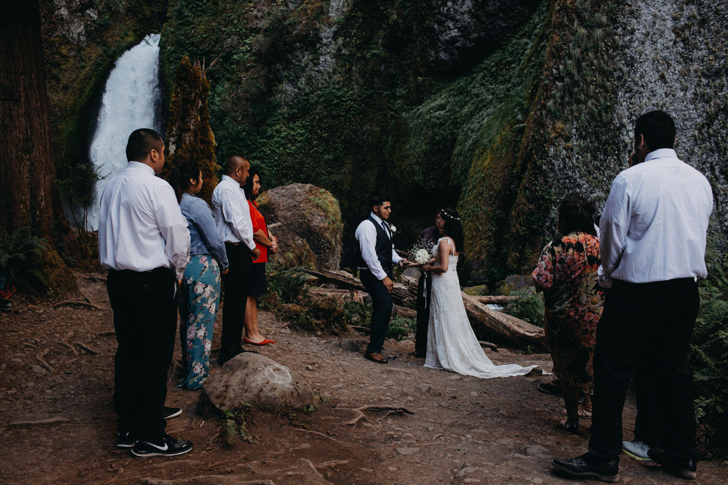 small intimate ceremony at Wahclella Falls Oregon Columbia River Gorge elopement