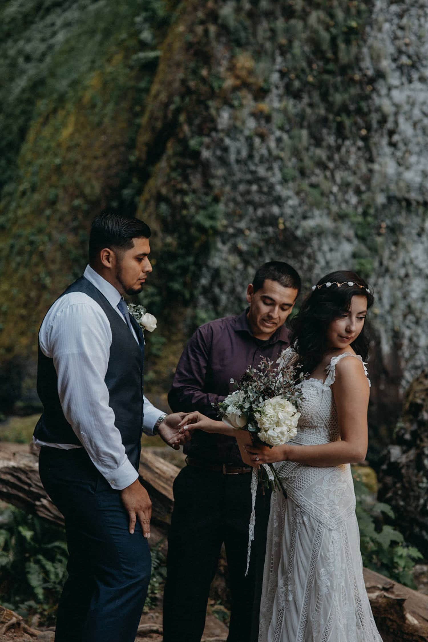 bride and groom Wahclella Falls Oregon Columbia River Gorge elopement