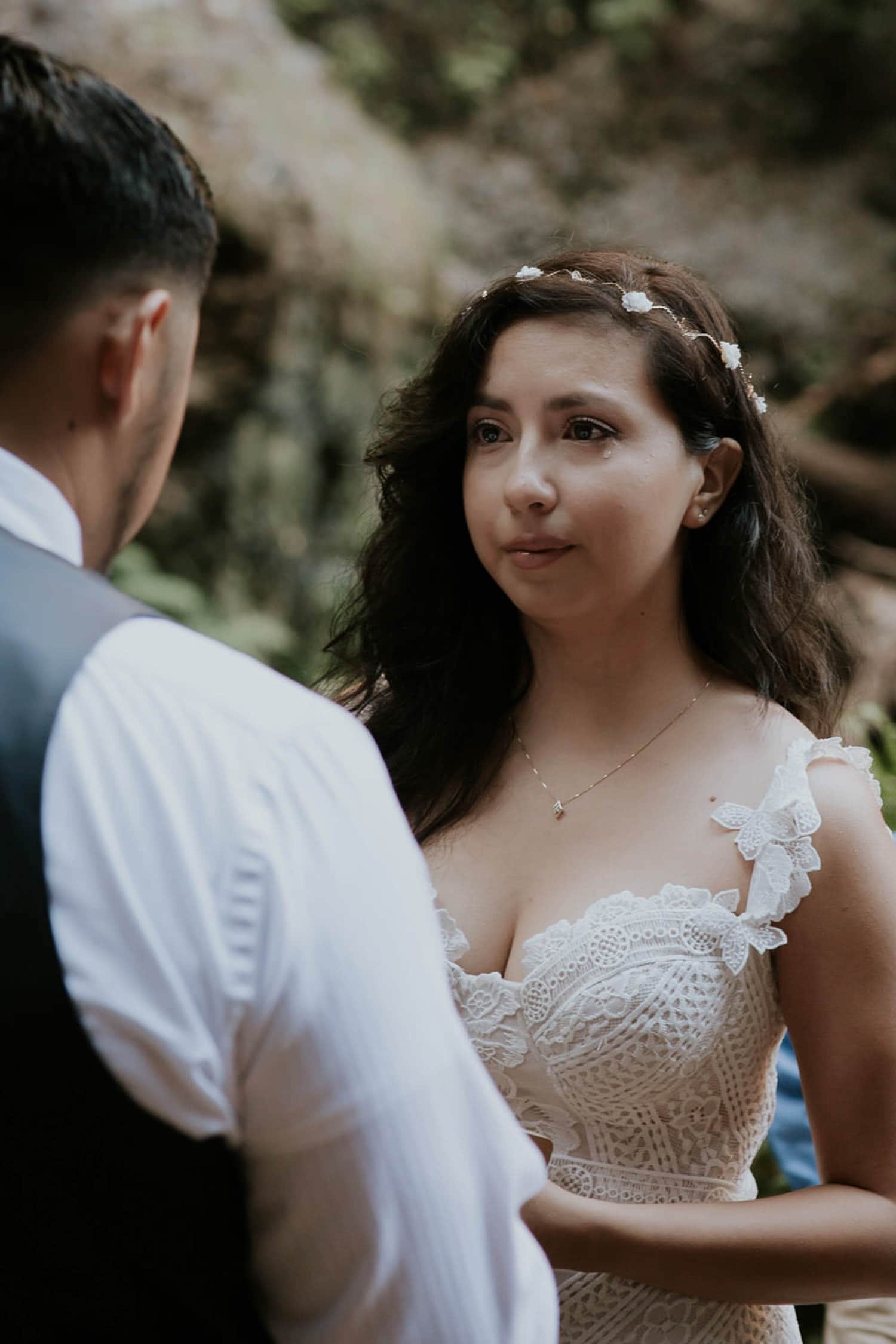bride single tear staring at groom Oregon Columbia River Gorge elopement