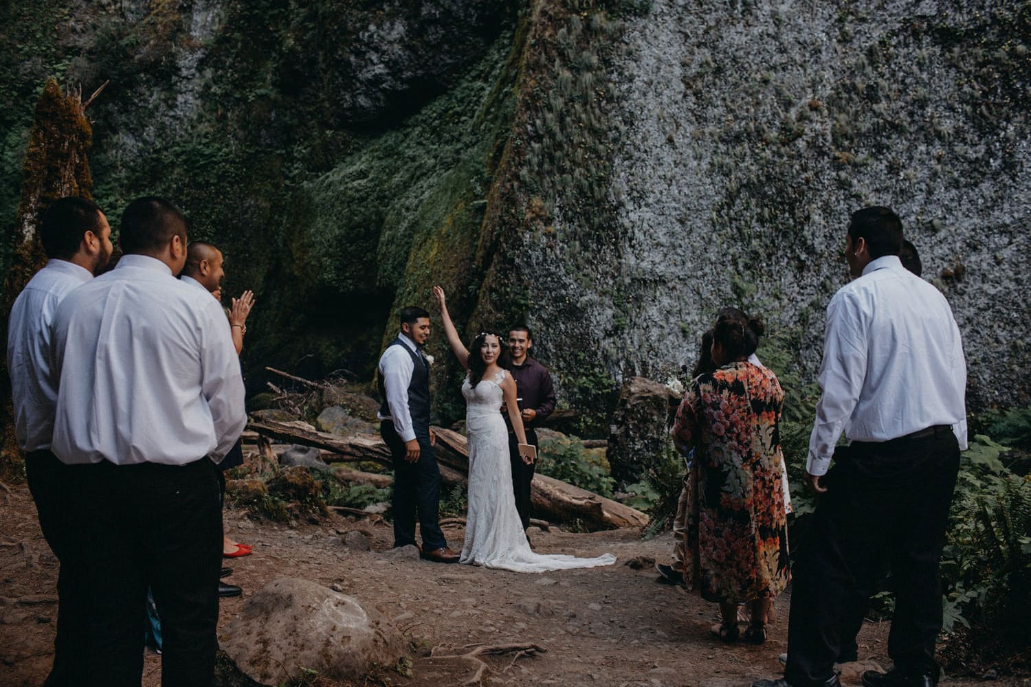 excited newlyweds Oregon Columbia River Gorge elopement
