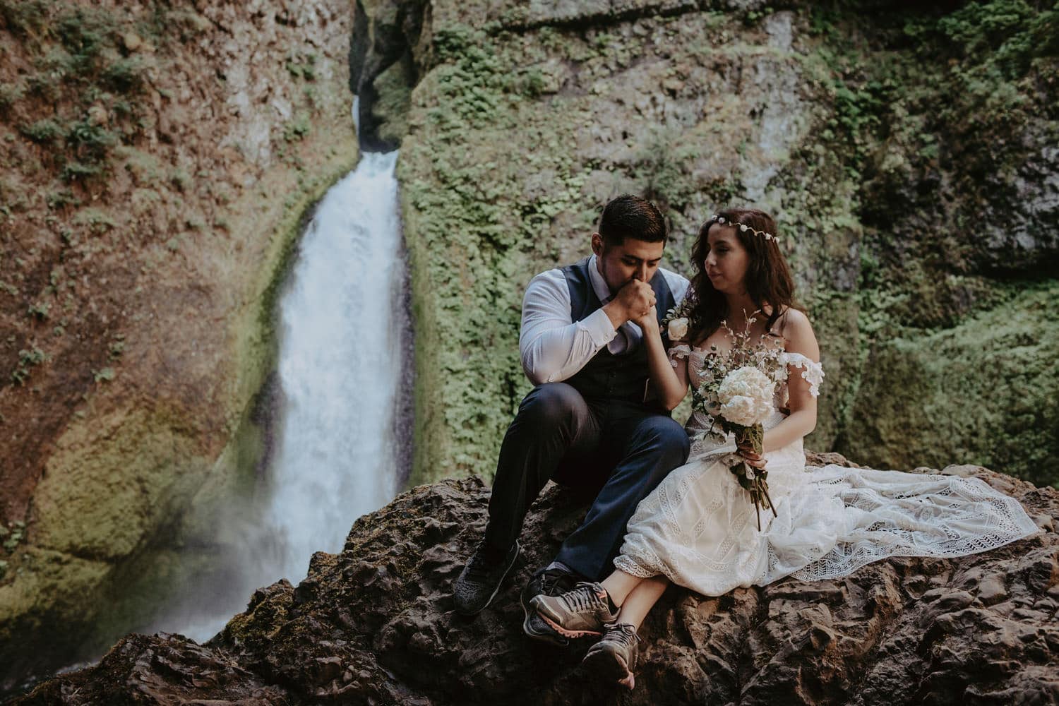 newlywed bride and groom in front of Wahclella Falls Oregon Columbia River Gorge elopement