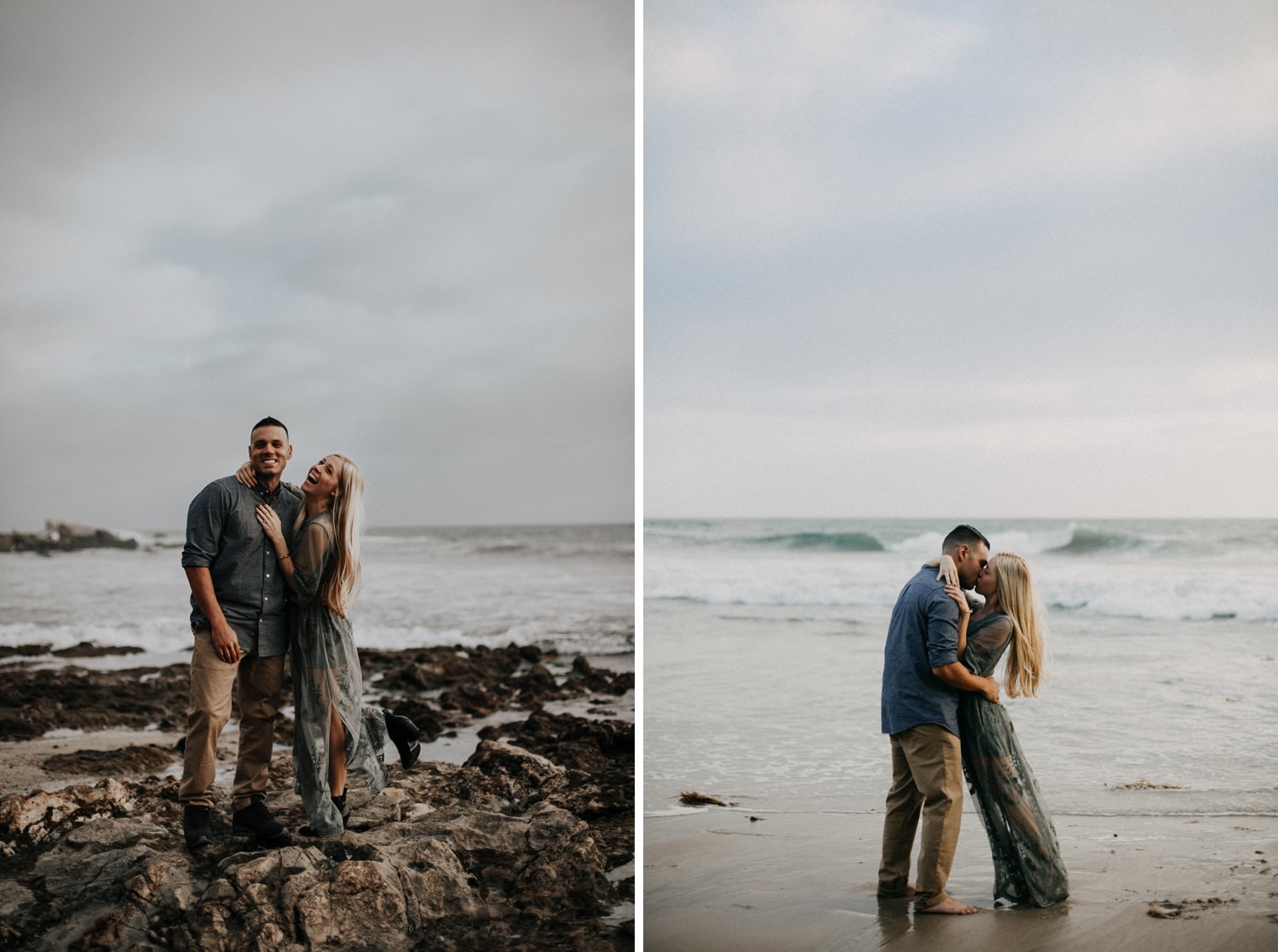 cute couple kiss on beach green dress long blonde hair laguna beach engagement photographer
