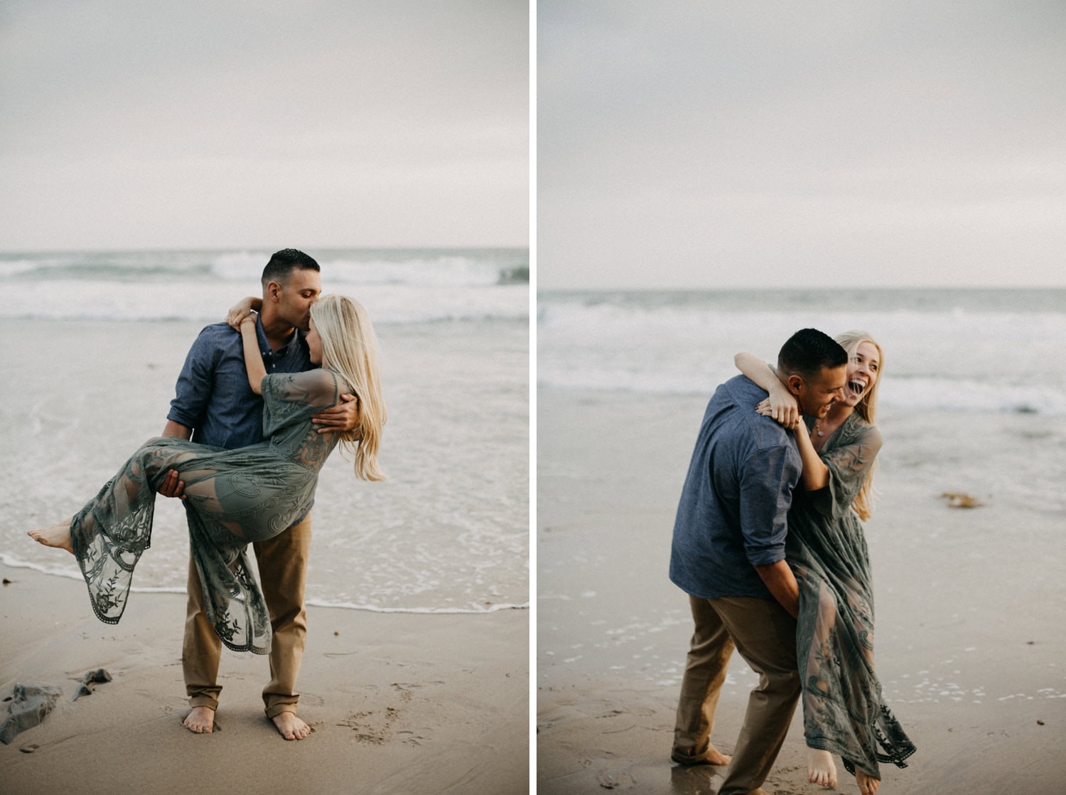 guy carrying girl on the beach laughing and playing together girl is wearing a green dress laguna beach engagement photographer