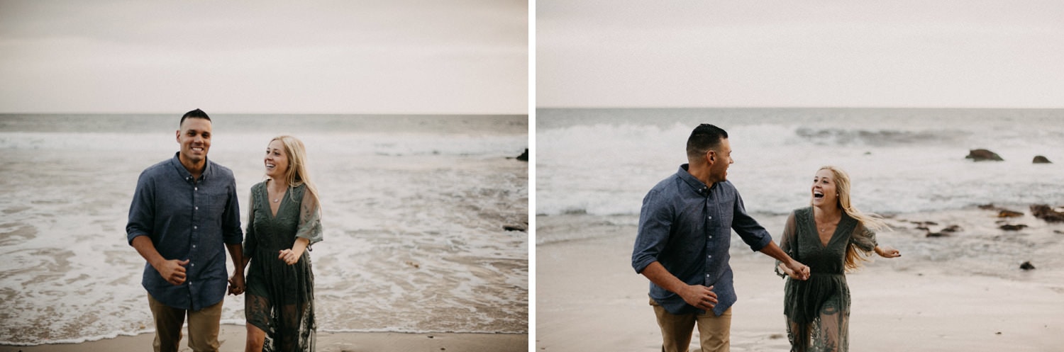 cute couple running and laughing together laguna beach engagement photographer