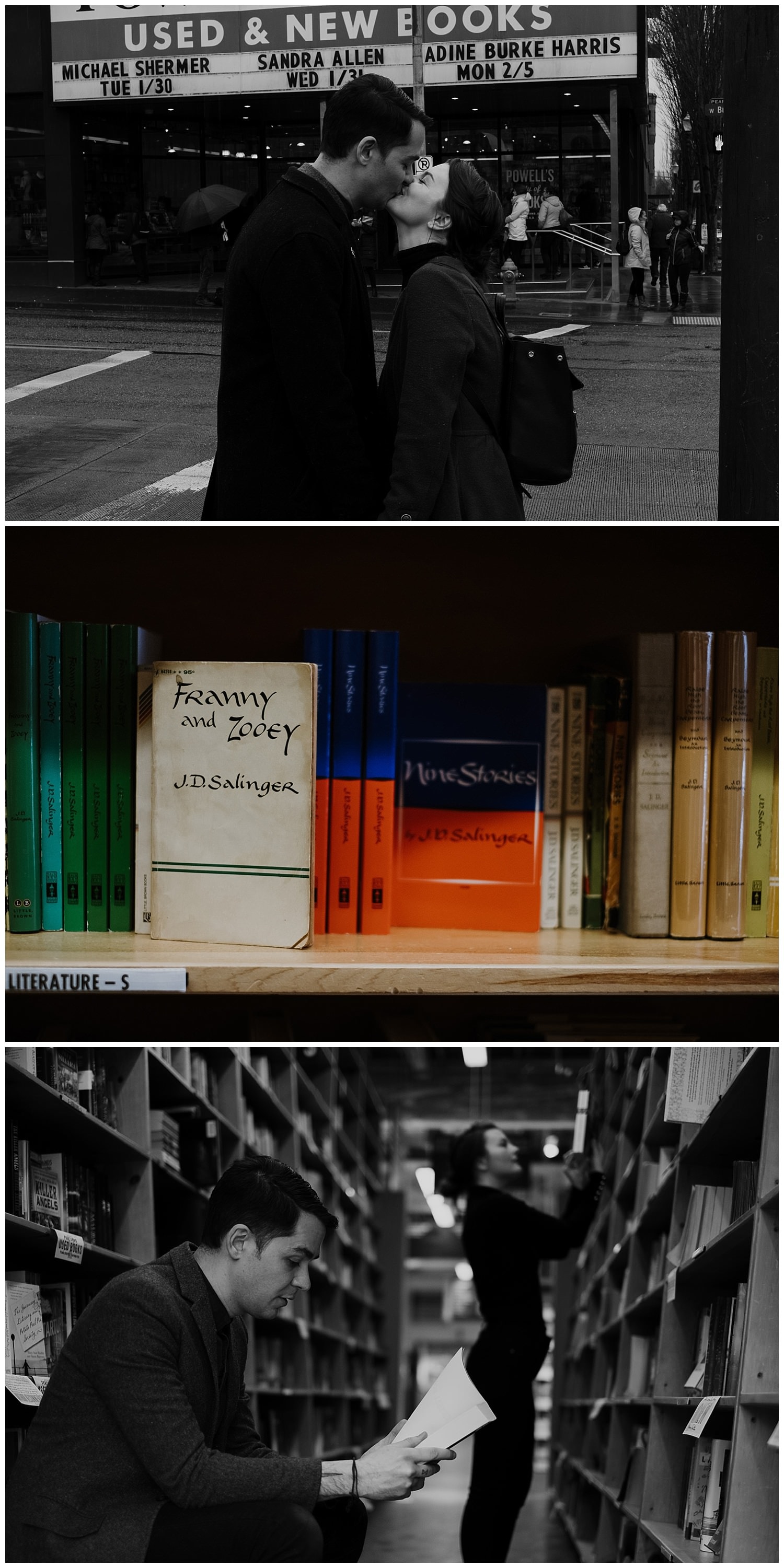 Markie and Mehran make a stop at Powell's bookstore in downtown Portland where they take a moment and read through some of their favorite books including Salinger. By Marcela Pulido Photography, Destination and Portland Wedding Photographer.
