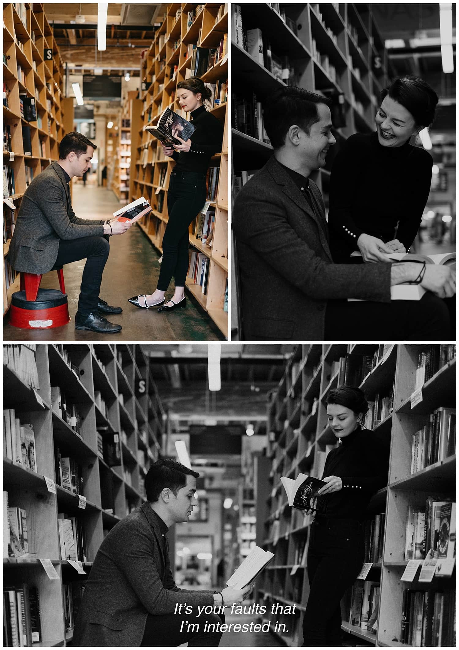 Markie and Mehran's french cinema inspired engagement session in Powell's bookstore. Black and white screen capture style. By Marcela Pulido Photography, Destination and Portland Wedding Photographer.