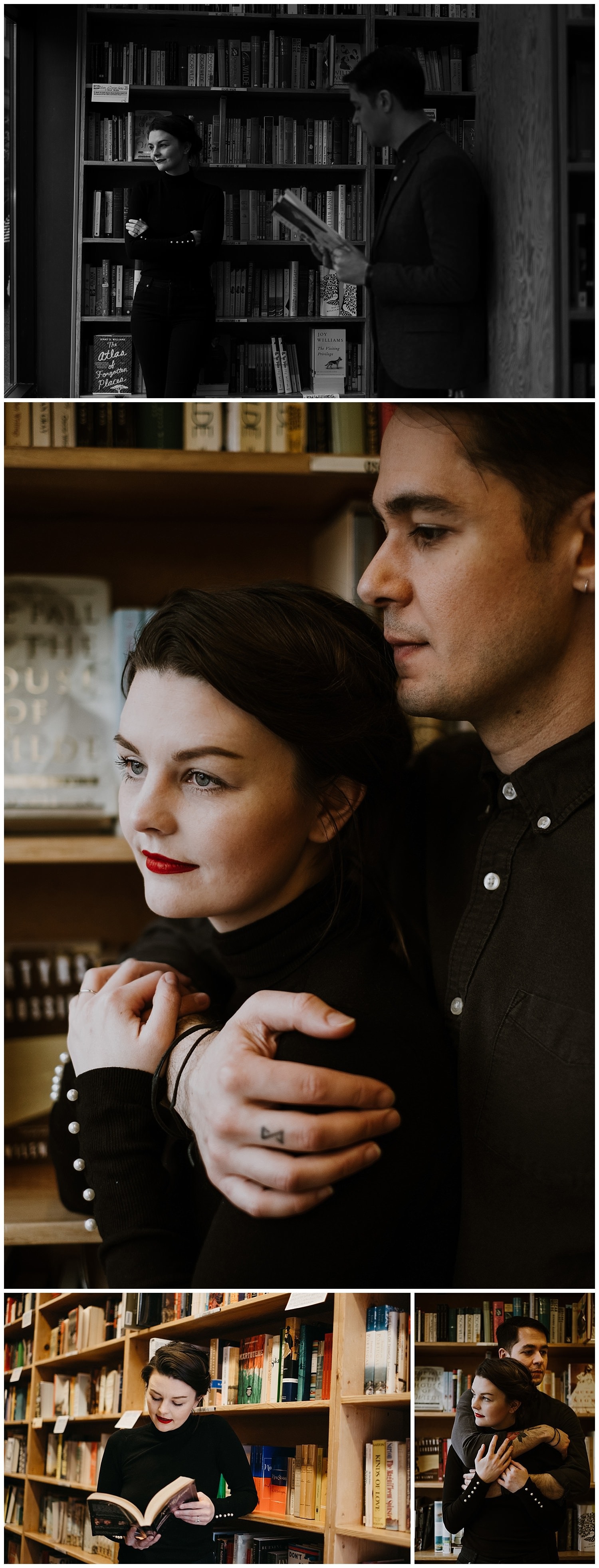 Markie and Mehran stopped by Powell's Bookstore in downtown Portland during their French Cinema inspired engagement session where they held each other closely and read books to one another. By Marcela Pulido Photography, Destination and Portland Wedding Photographer.