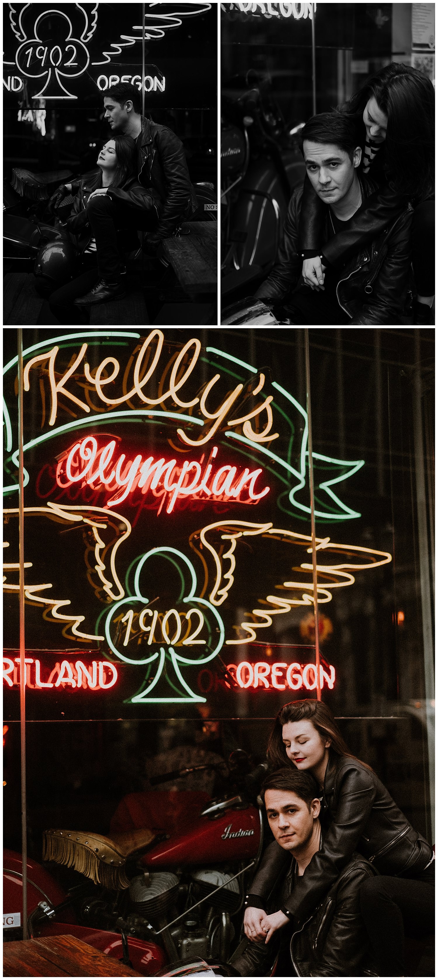 Cute hipster couple dons their motorcycle gear to pose in front of Kelly's Olympian neon sign during their Downtown Portland Engagement Session. By Marcela Pulido Photography, Destination and Portland Wedding Photographer.