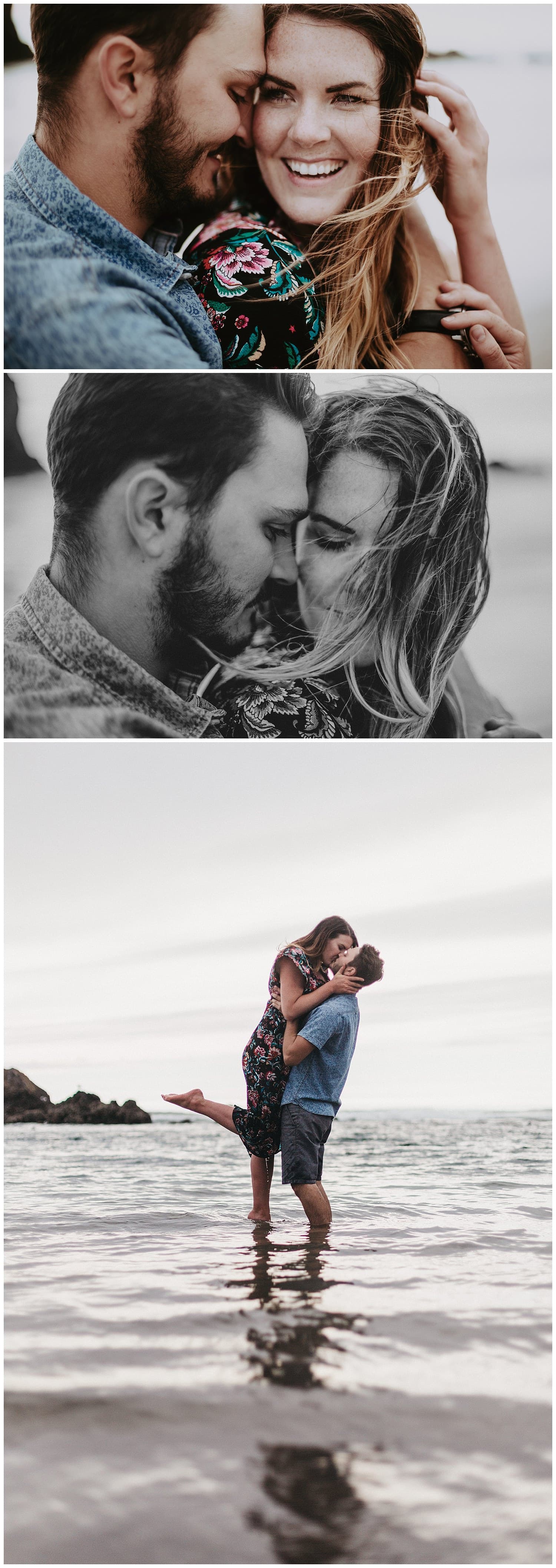 Bethany and Jesse hair in the wind close up intimate portrait at Cannon Beach as he lifts her up for a kiss with a foot pop by Marcela Pulido Portland Wedding Photographer