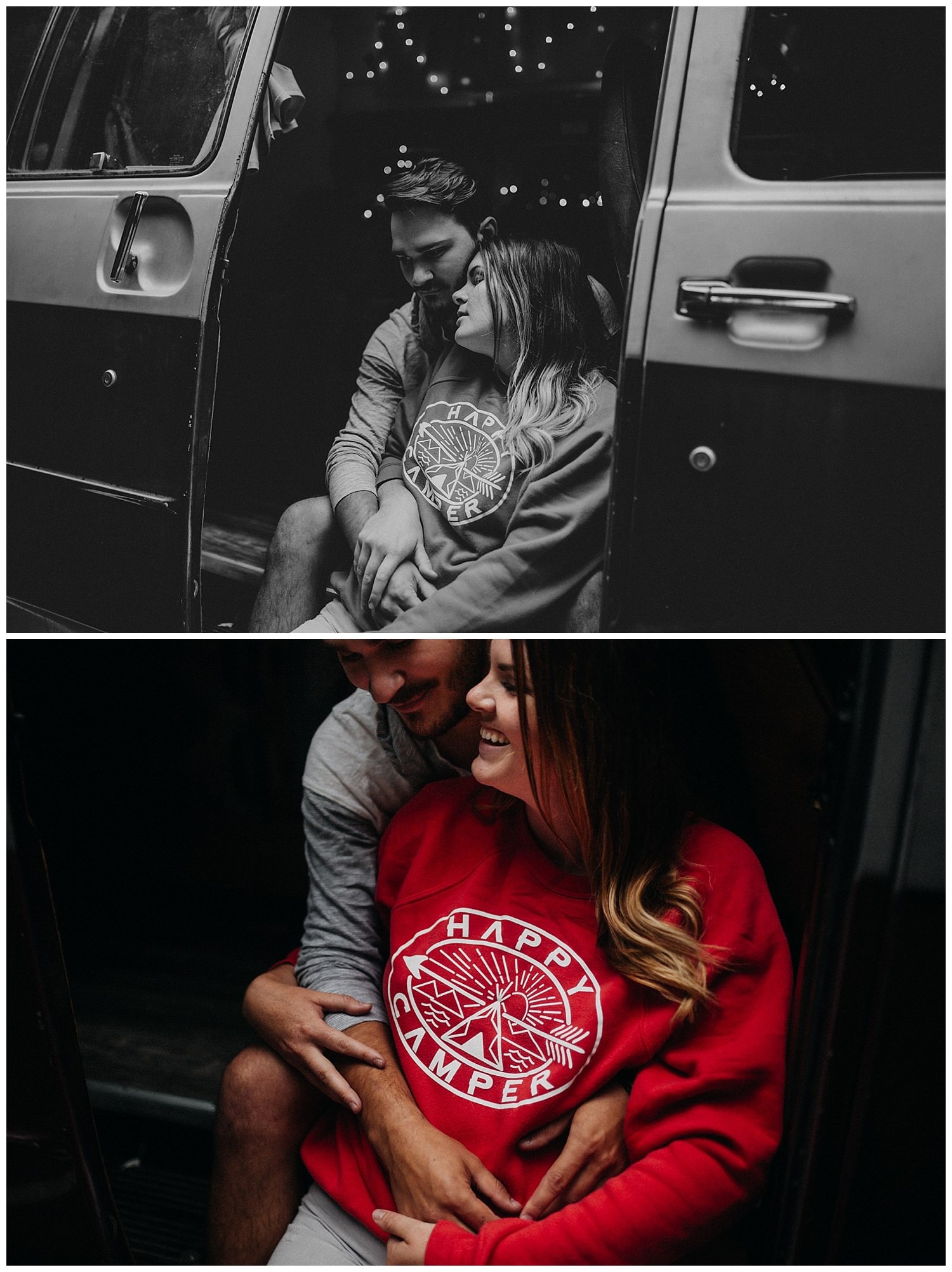 cute red Happy Camper sweater with Bethany and Jesse at Cannon Beach in ther camper van by Marcela Pulido Portland Wedding Photographer