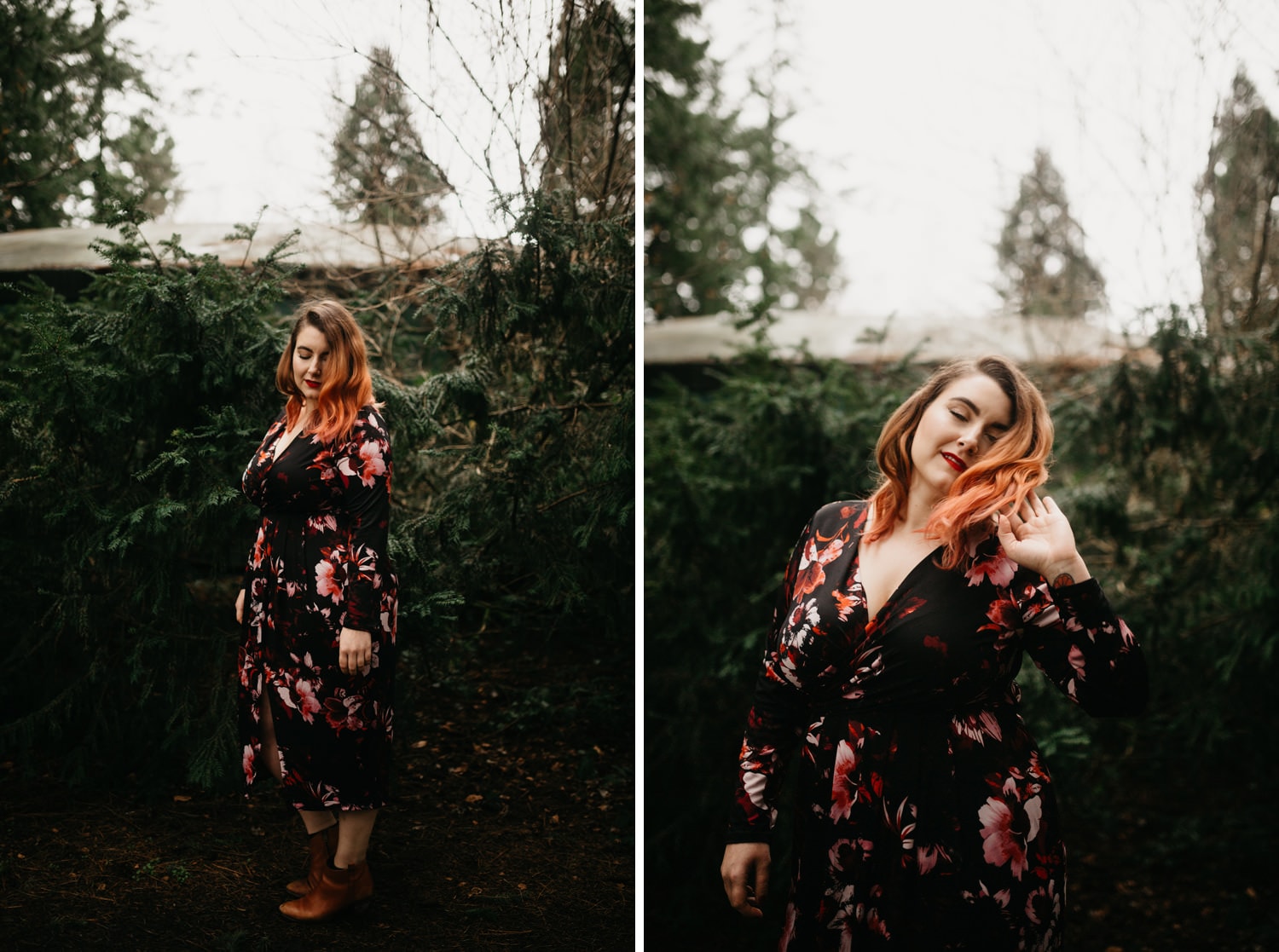 girl with pink hair and red lips in black and pink floral dress for engagement session