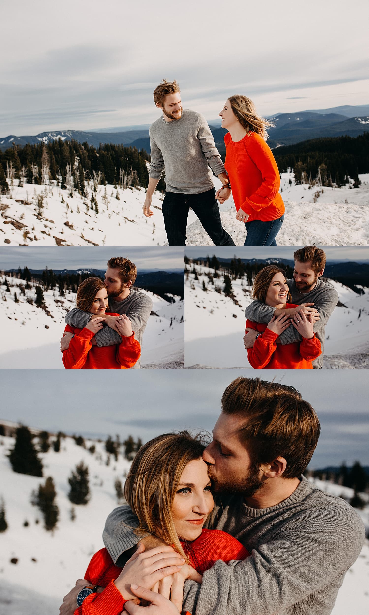 cute couple playing in the snow he's wearing a grew sweater and she's wearing an orange red sweater while he wraps his arms around her