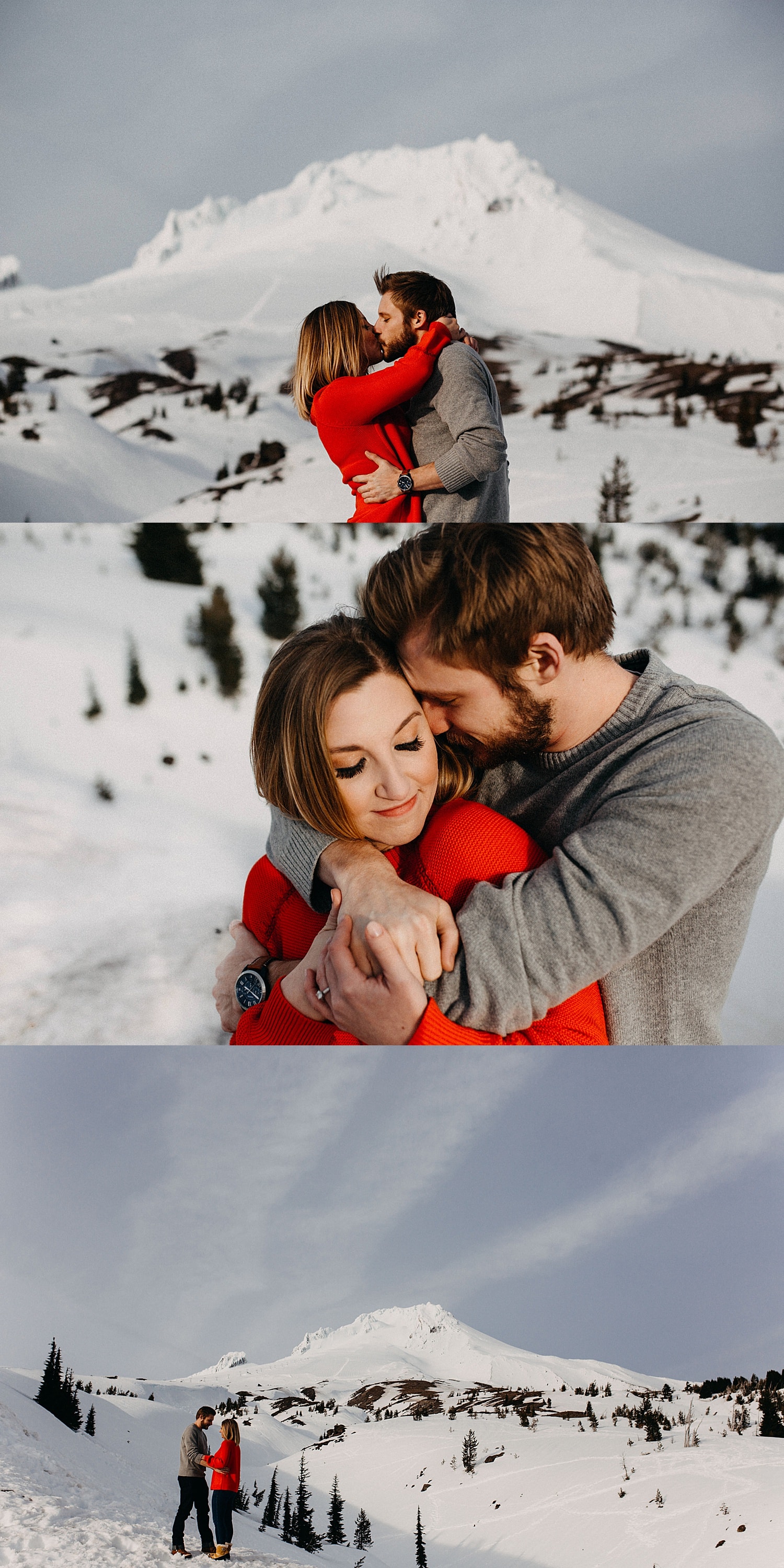 cute couple in front of a snowcapped mt hood she's wearing a red sweater with his arms wrapped around her