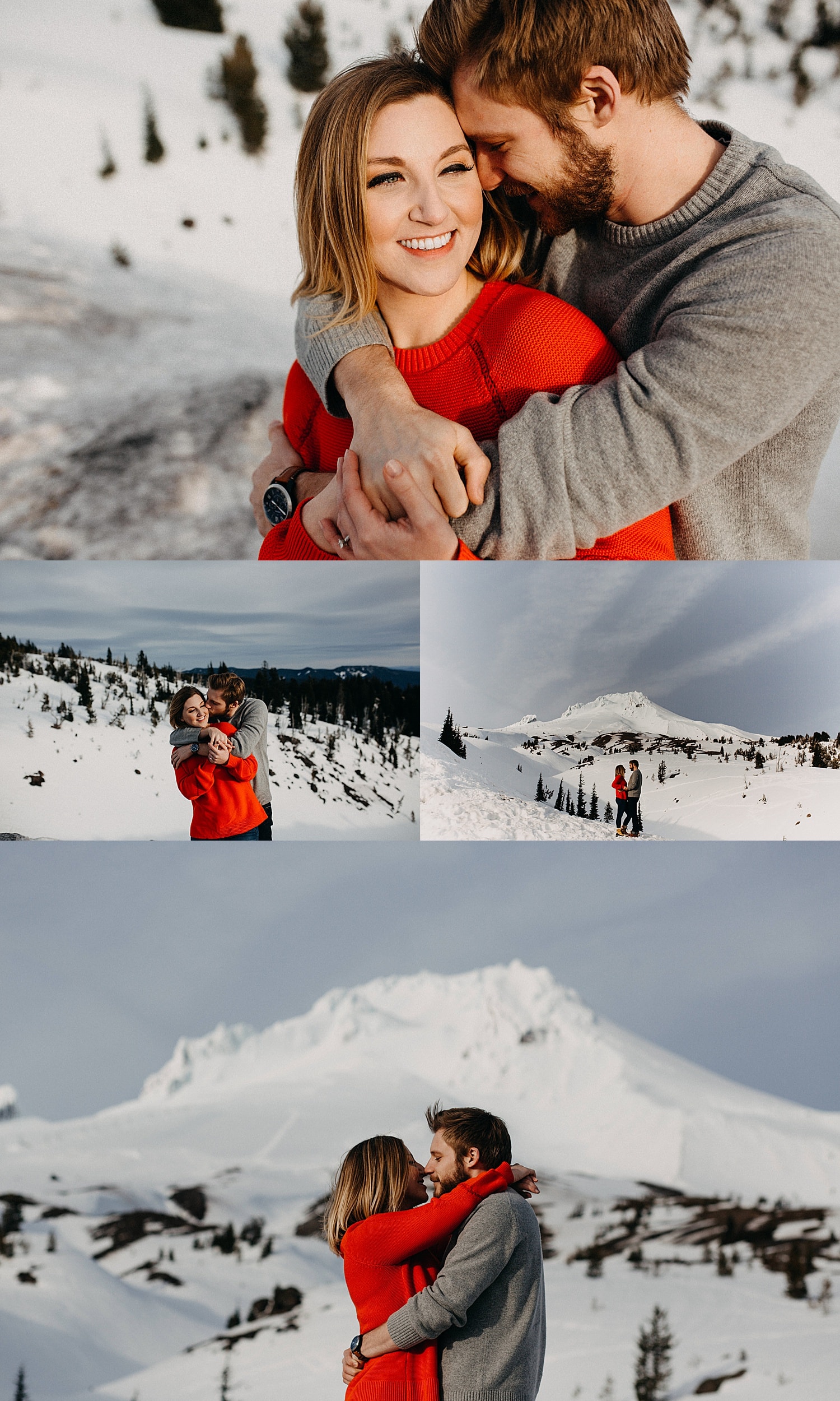 couple wearing red in front of a snow capped mt hood while they nuzzle