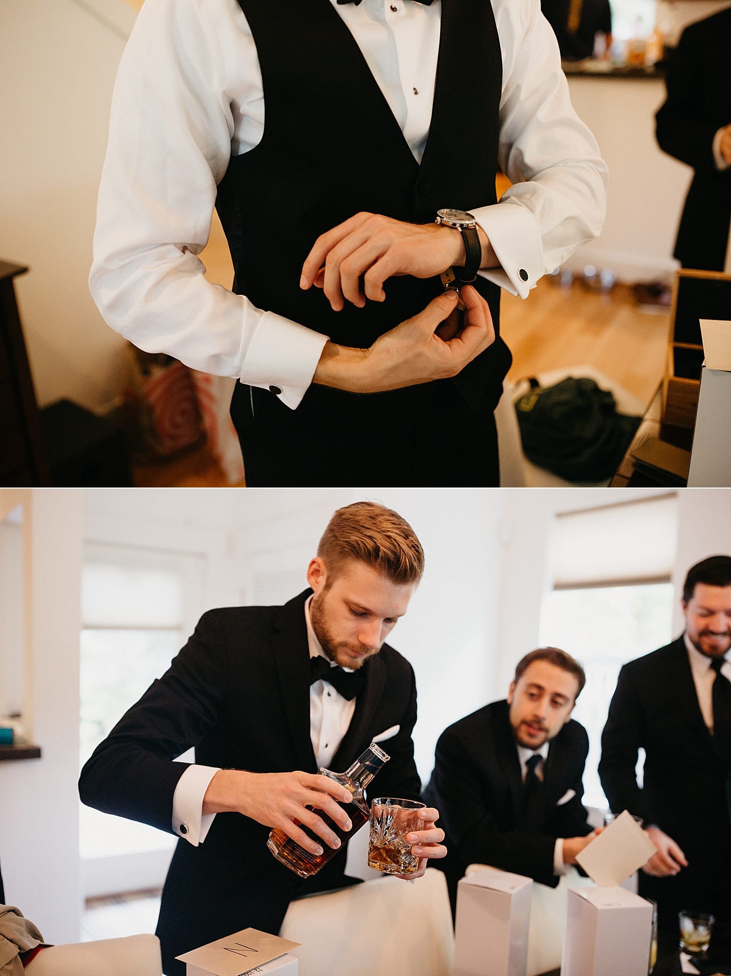 groom pouring shots of whiskey for his groomsmen 415 Westlake Wedding by Marcela Pulido Seattle Wedding Photography