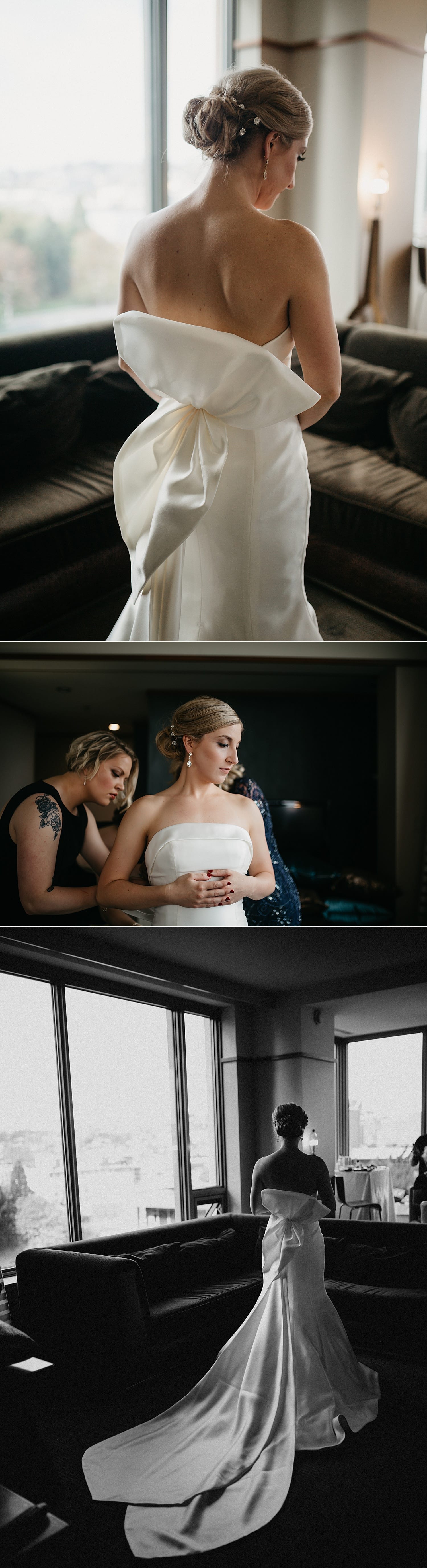 finishing touches of the bride getting ready including a black and white portrait showing the train 415 Westlake Wedding by Marcela Pulido Seattle Wedding Photography