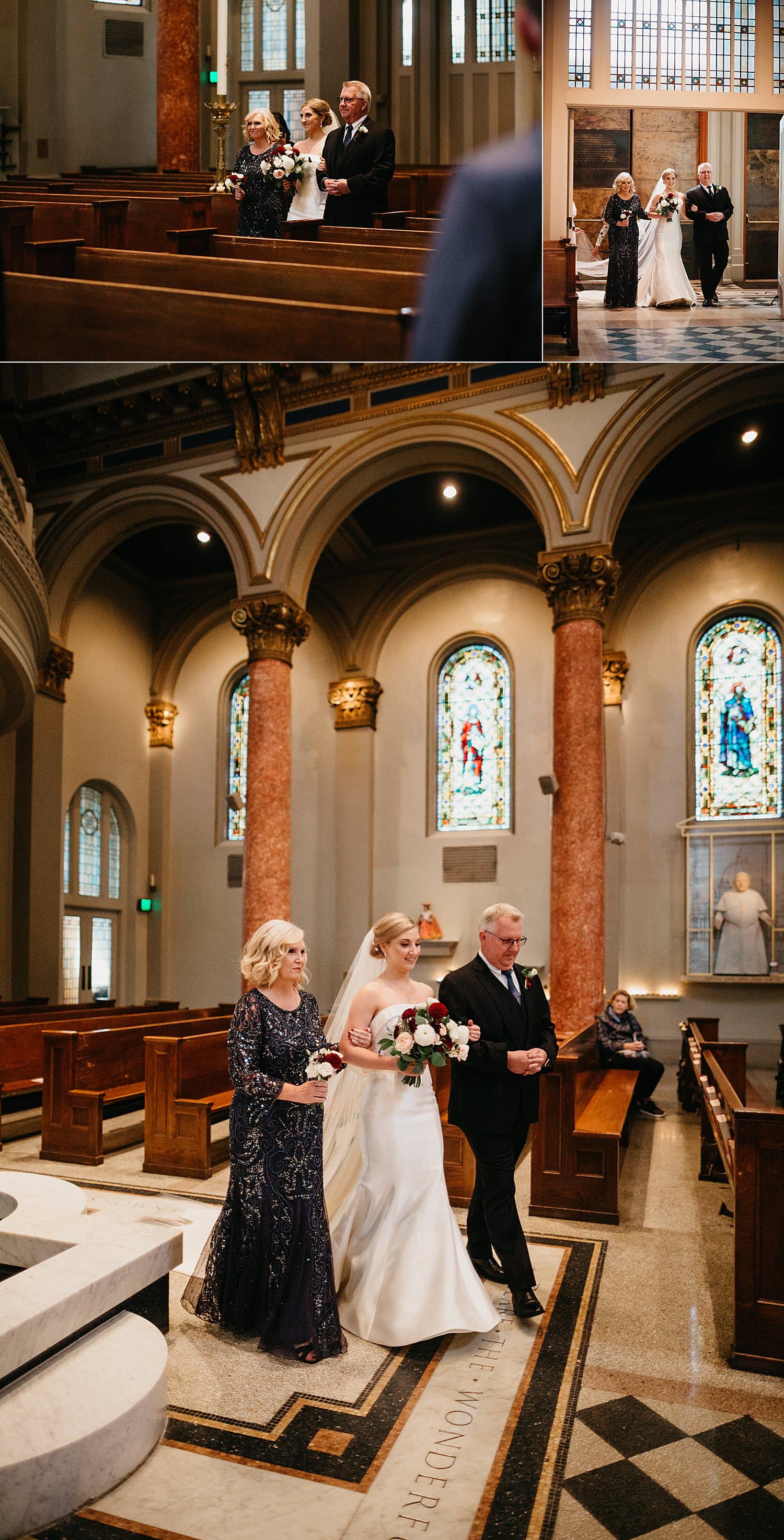 bride walking down the aisle with her parents at St James Cathedral during her Catholic Ceremony wedding 415 Westlake Wedding by Marcela Pulido Seattle Wedding Photographer