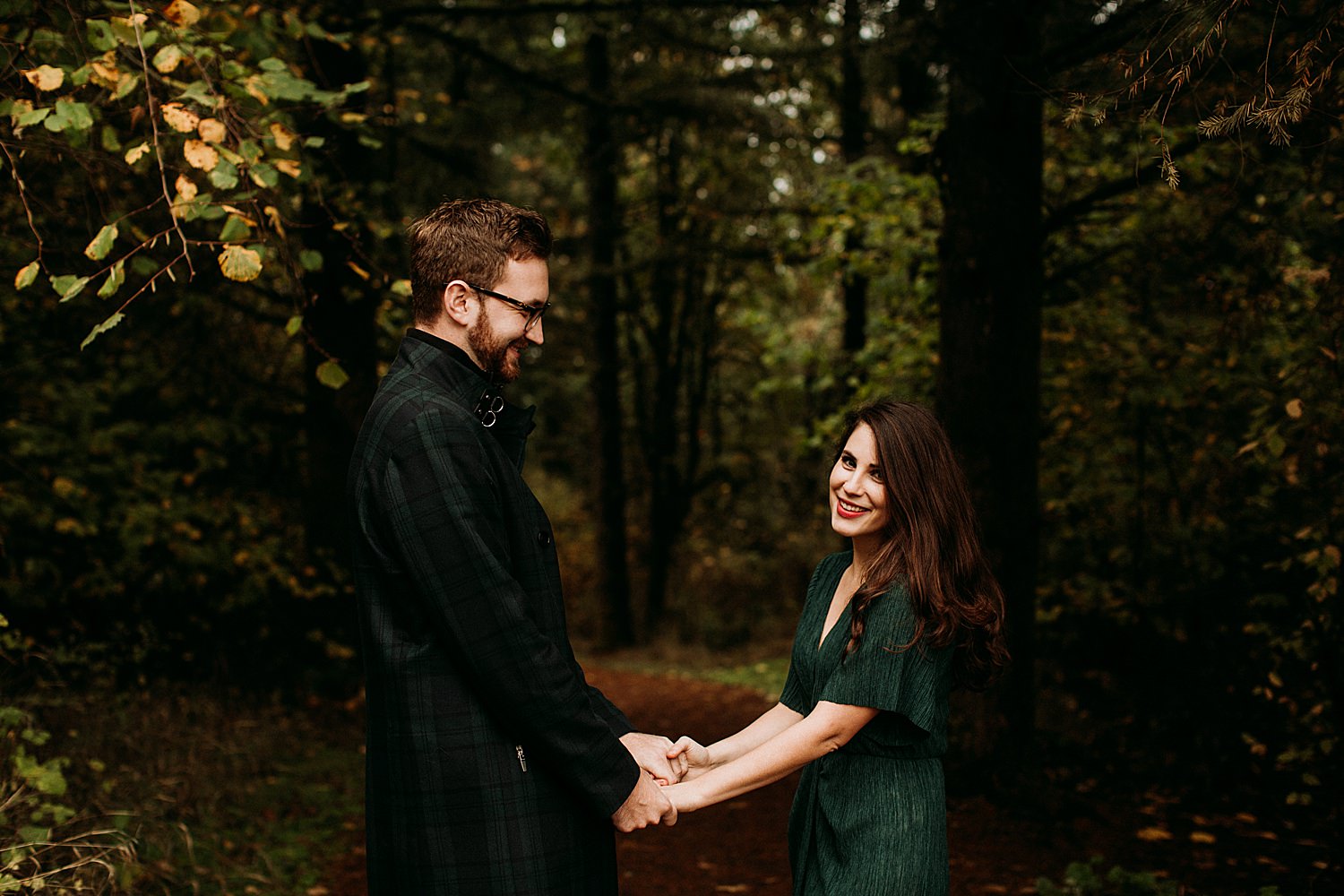 fashionable cute couple in the forest Cooper Mountain Engagement session by Portland engagement photographer Marcela Pulido