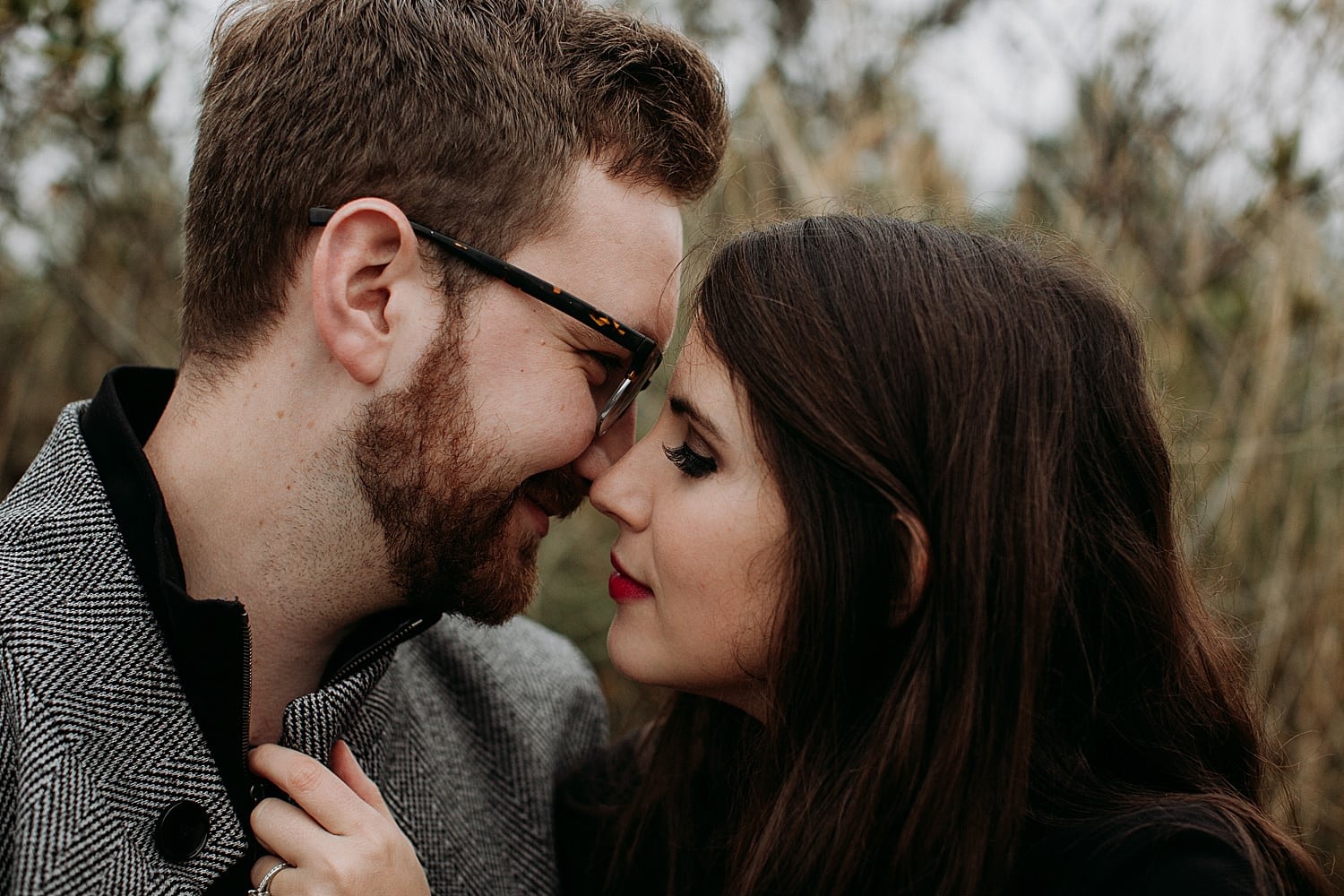 romantic and intimate portrait of a couple almost kissing Cooper Mountain Engagement session by Portland engagement photographer Marcela Pulido
