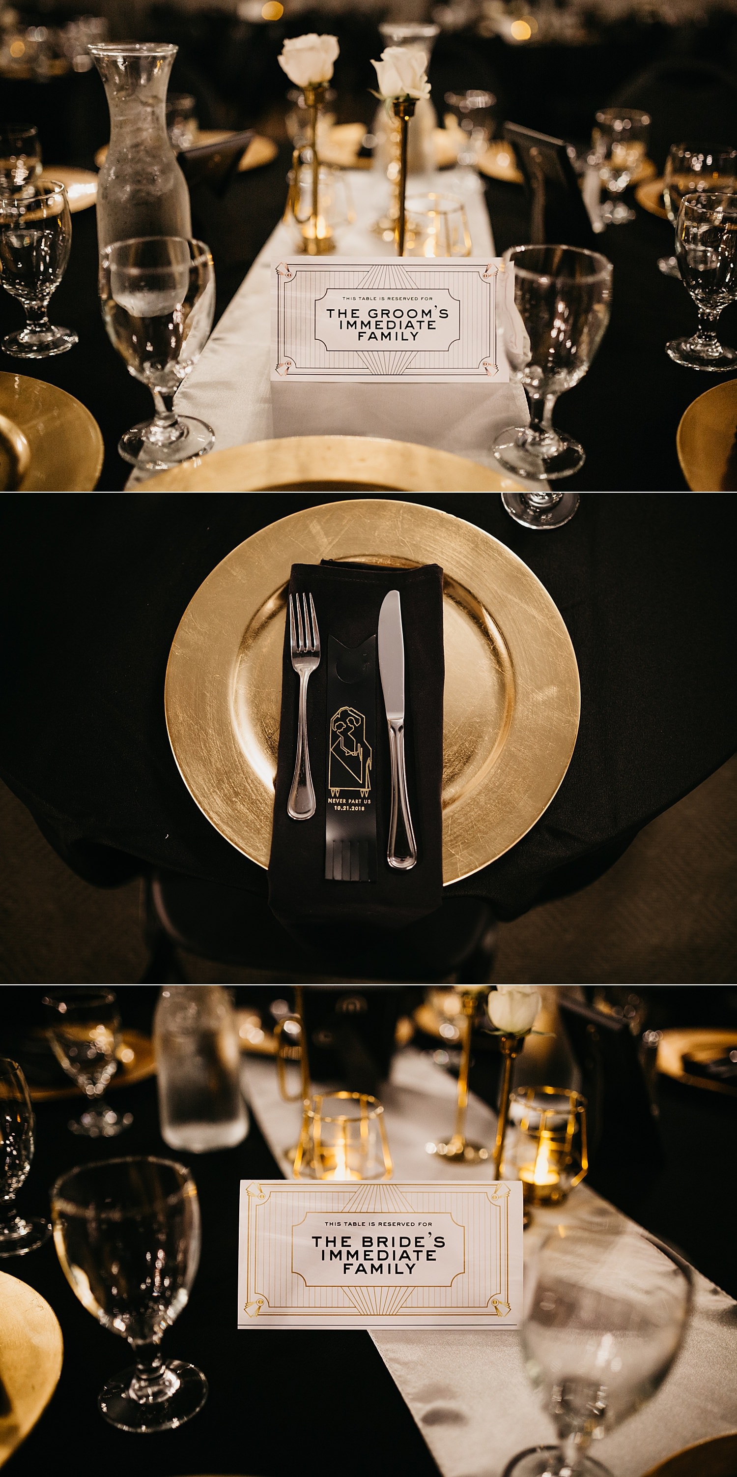 black and gold details from the table settings Melody Ballroom wedding by Marcela Pulido Photography