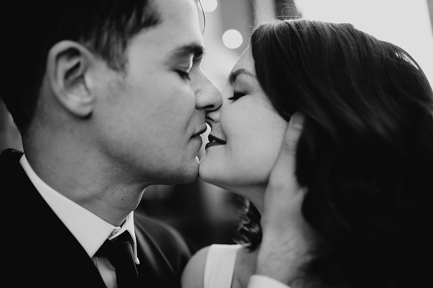 black and white almost kissing portrait of a glam bride and groom Melody Ballroom wedding by Marcela Pulido Photography
