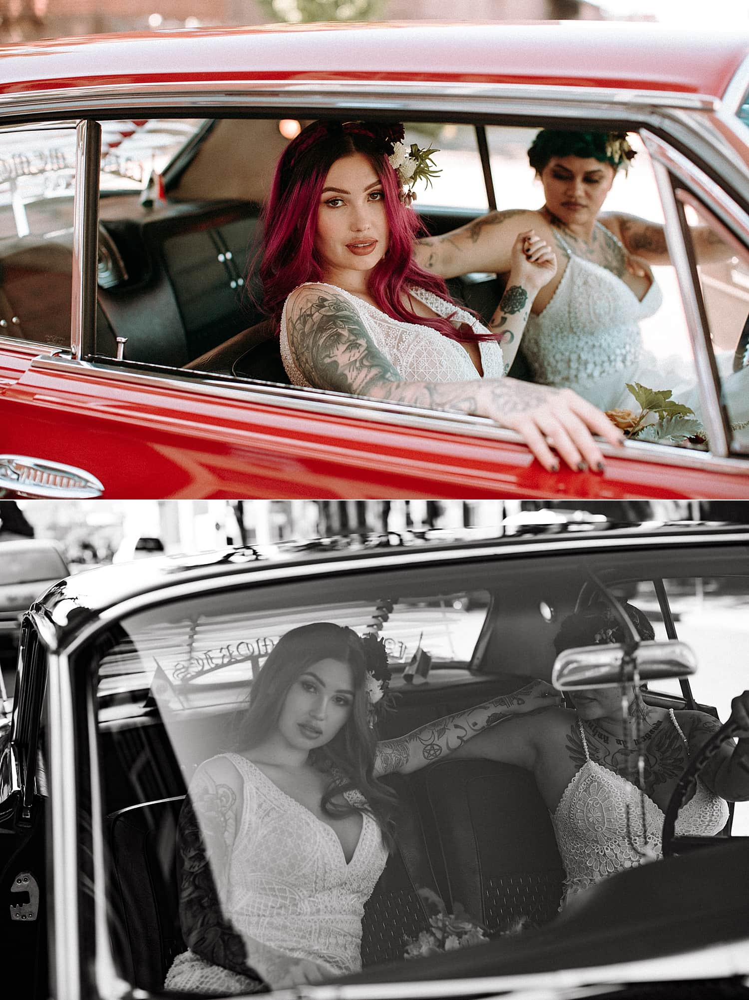 beautiful edgy pink and green haired tattoo mexican brides posing next to a vintage car by Marcela Pulido Portland Wedding Photographer