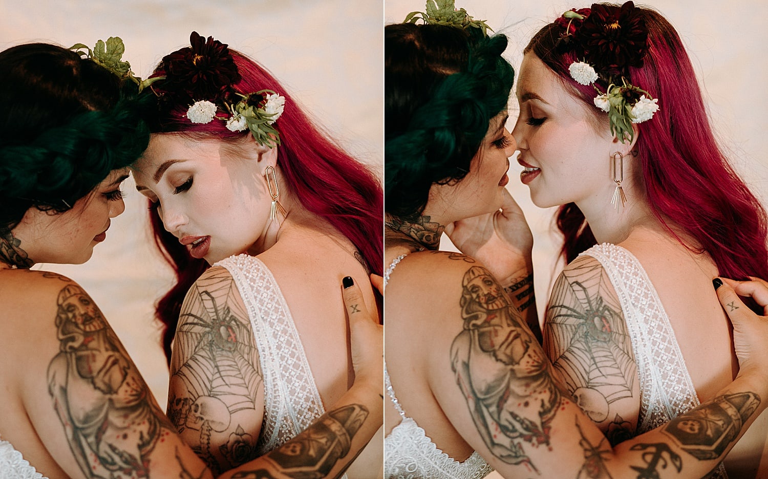 edgy modern green and pink haired same sex lesbian brides kissing on their wedding day photographed by Marcela Pulido Photographer Portland Wedding Photography
