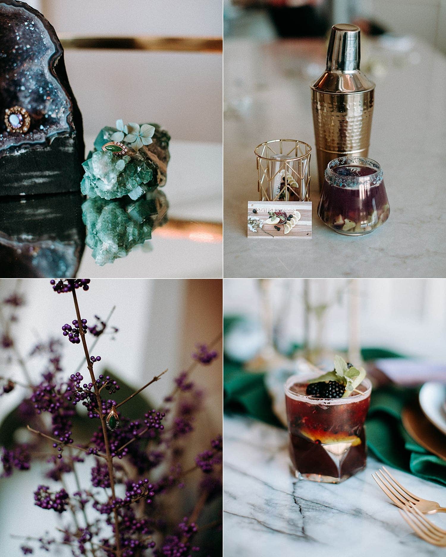 teal and amethyst colored wedding details with a crystal inspired cocktail