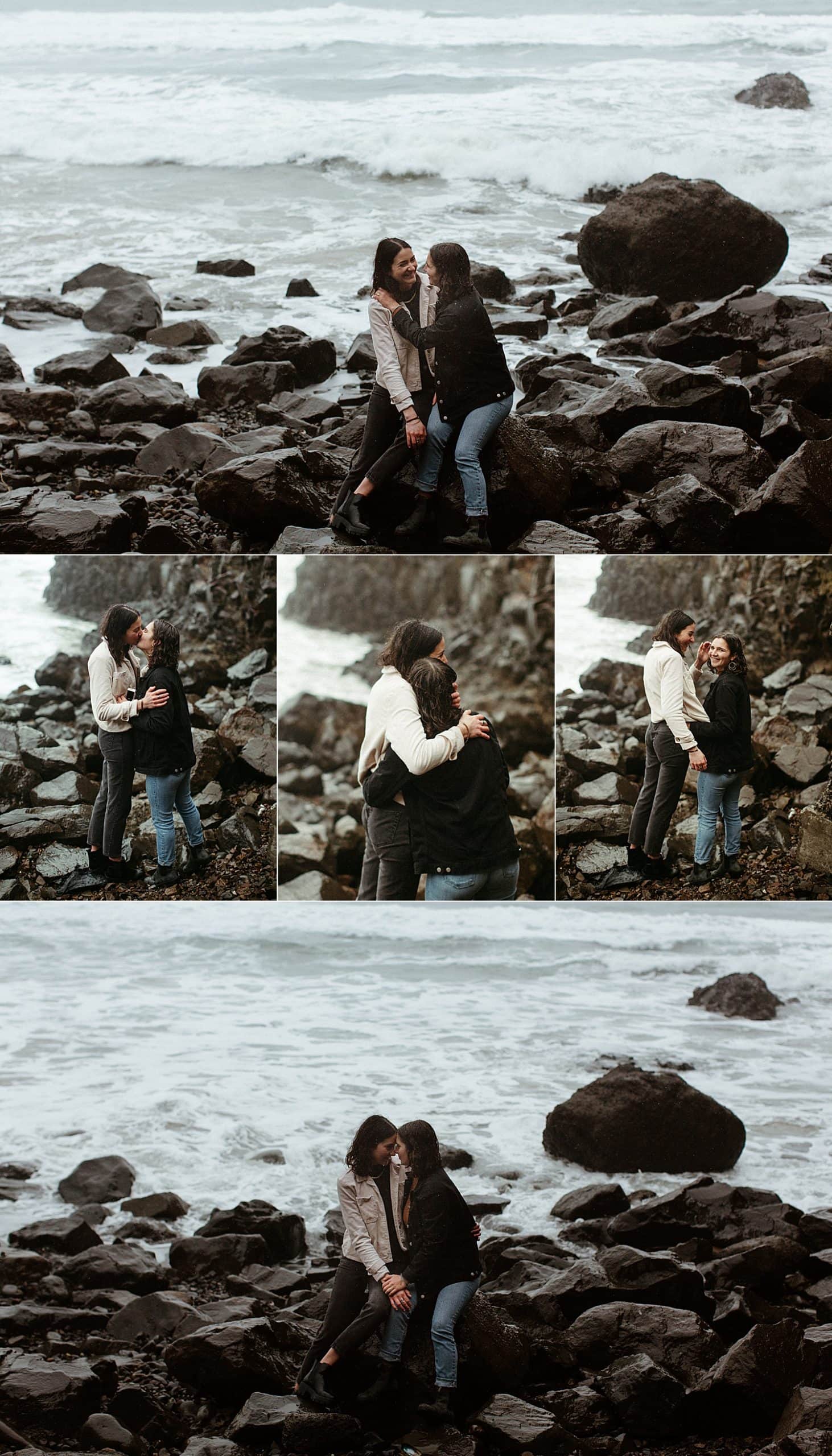 sweet photographs of a same sex lesbian couple embracing on the rocky shores of the Oregon coast by Marcela Pulido Portland Wedding Photographer