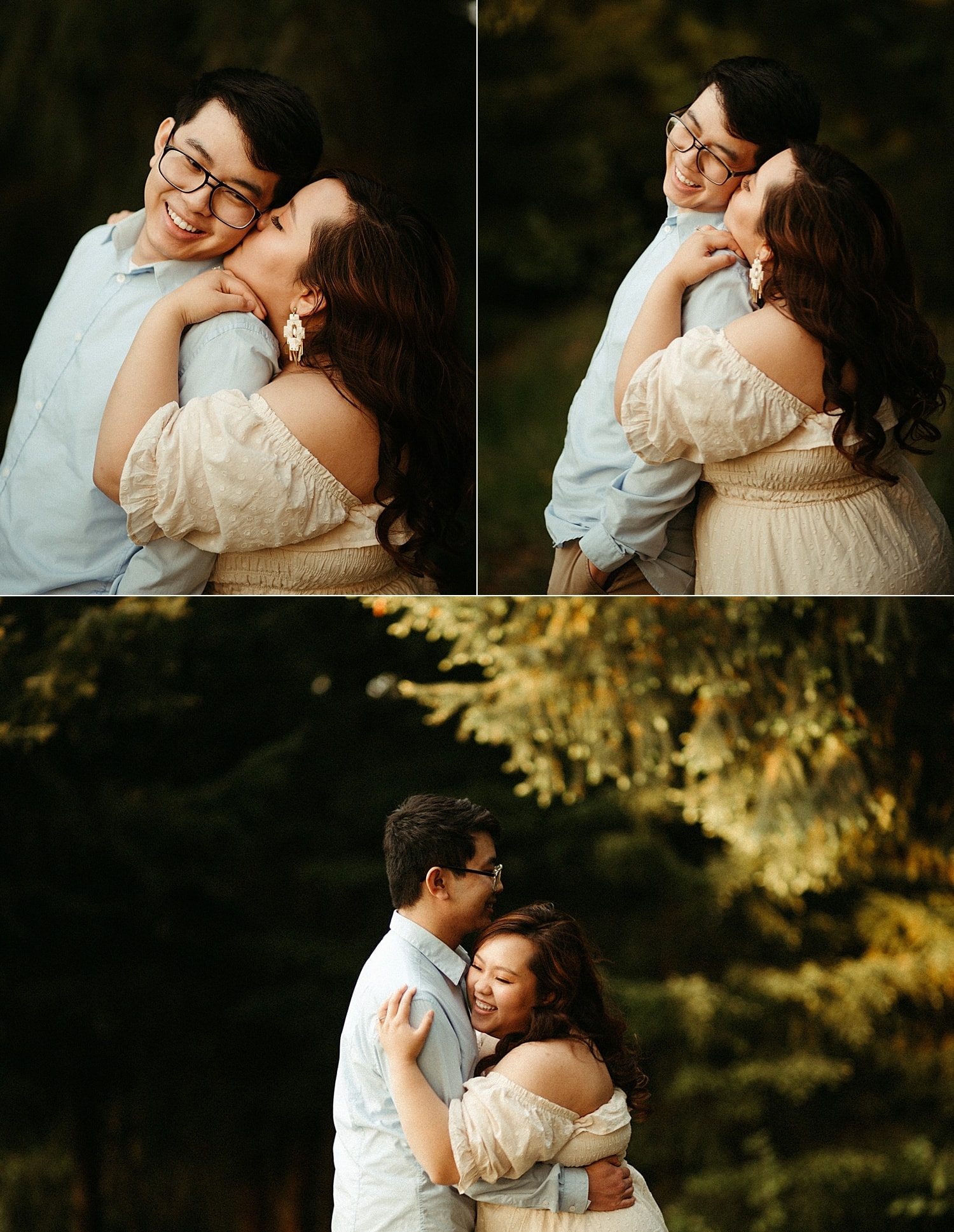 adorable asian couple kissing and embracing cottagecore engagement session