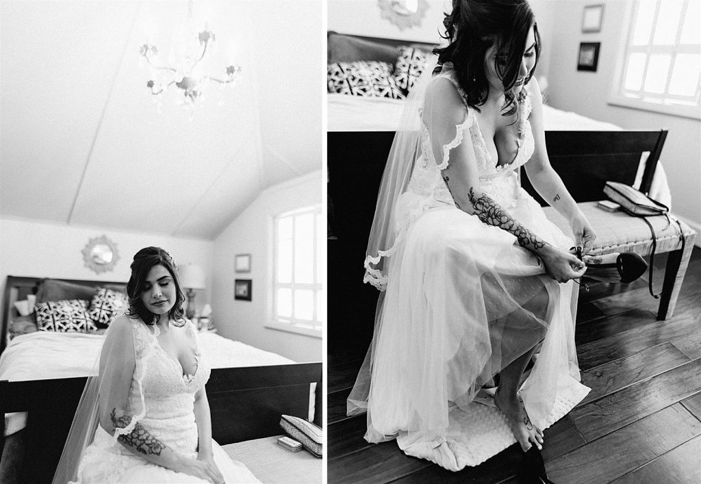 black and white portraits of a bride getting ready on her wedding day in lakewood washington